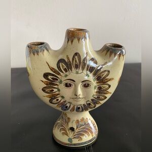 VTG  MEXICO POTTERY SUN FACE 3 CANDLE HOLDER Carlos Villanueva